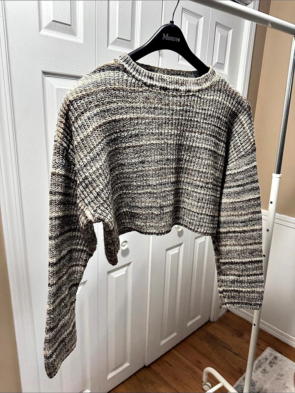 Garage Striped Cropped Crewneck Sweater Gray & White Medium
